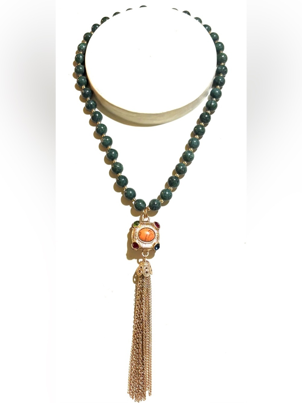 Green Beaded Necklace with Gold Tassel and Multistone Charm